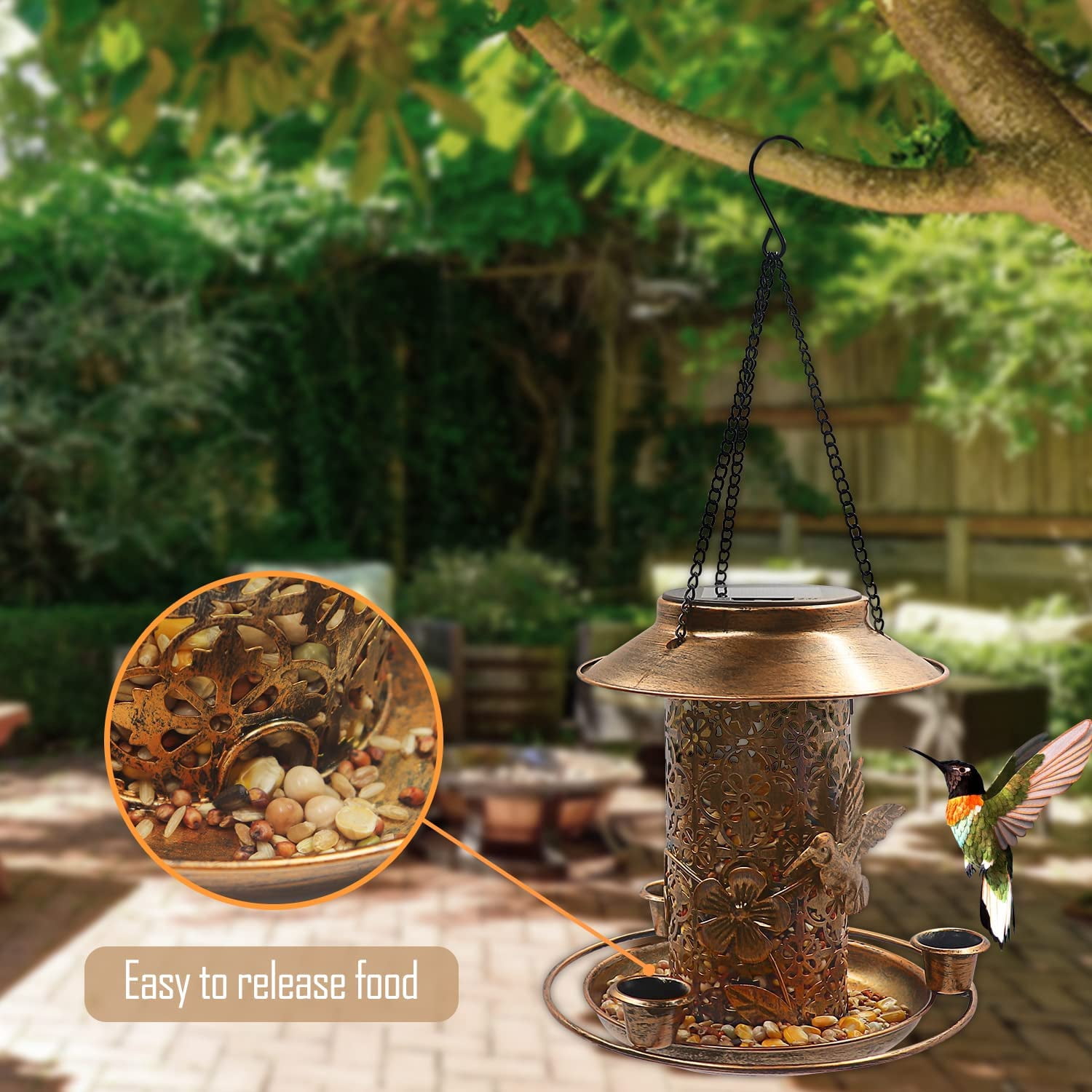 Bird Feeders with Solar LED Light - Metal Hummingbird Feeders for Outdoors Hanging - Bird Feeders with 3 Water Feeder Cup - Outdoor Garden Yard Lawn Decoration