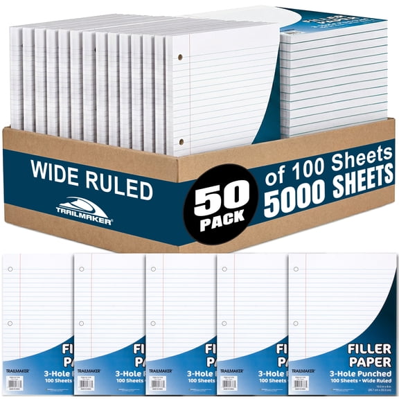 Trail Maker (50 Pack) Bulk Filler Paper Wide Ruled, 8 x 10-1/2 Inch Wide Ruled Paper, 3 Hole Punch, Loose Leaf Notebook Paper for 3 Ring Binders, 5000 sheets total
