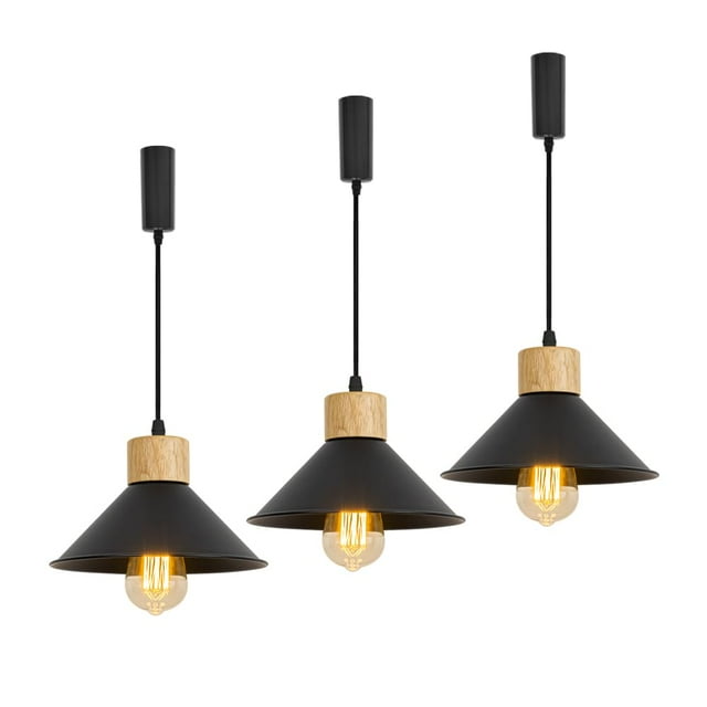 FSLiving Adjustable Wire Length H-Type Track Pendant Light E26 Wood Base Retro Black Metal Shade 8.7" for Pantry Farmhouse Bar Sink (Bulb & Ceiling Track Sold Separately) - Set of 3