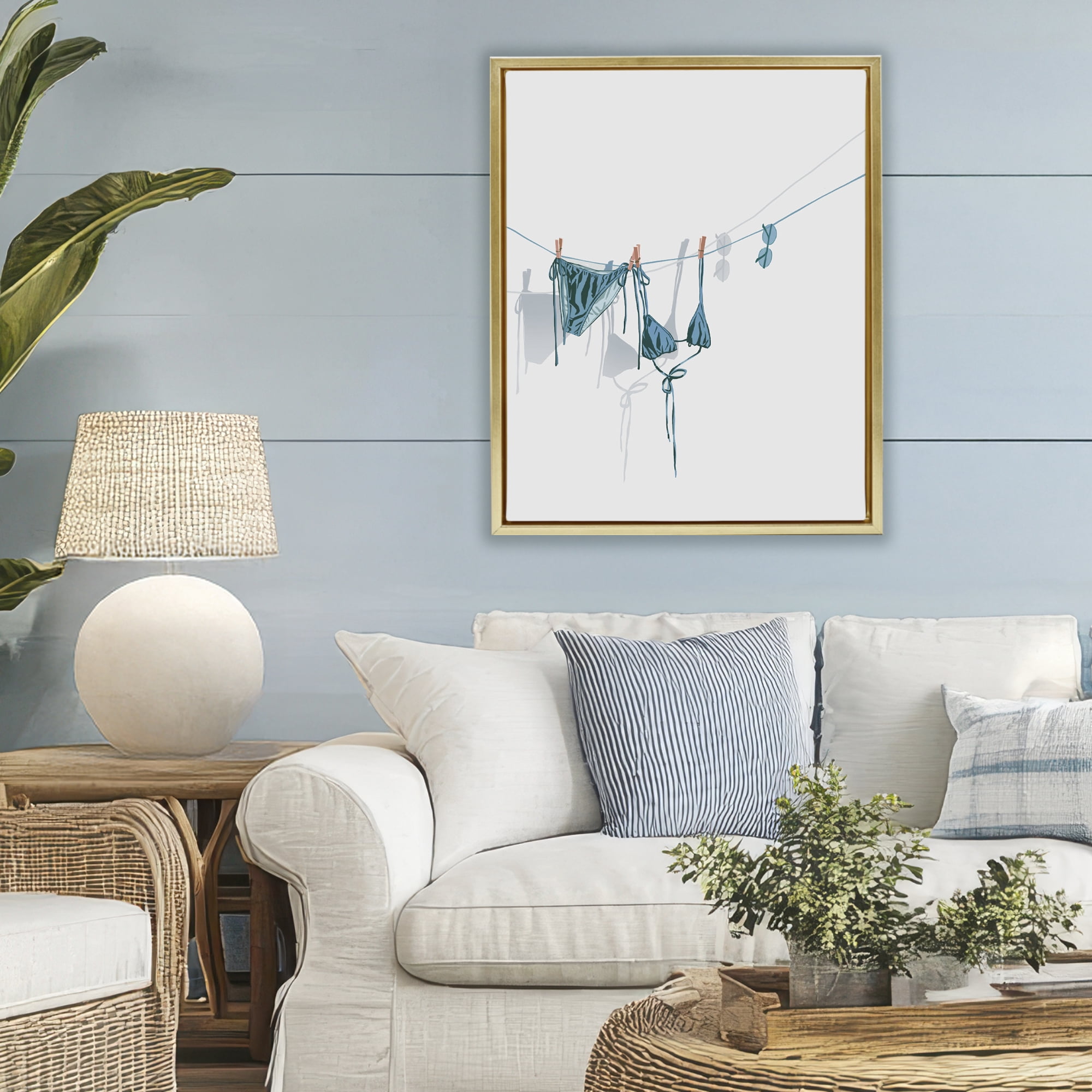 Stupell Industries Teal Bikini on Clothesline Gold Framed Floater Canvas Wall Art, design by Ziwei Li