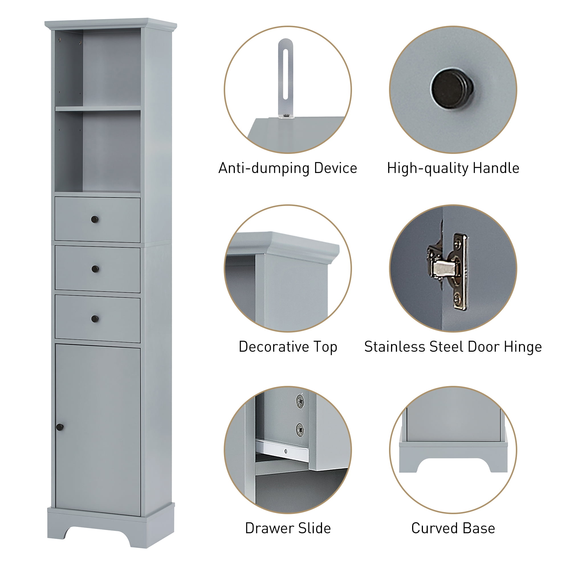 EUROCO Bathroom Storage Cabinet,Wood Linen Cabinet, Narrow Tall Cabinet Storage Tower with Adjustable Shlef,Door and 3 Drawers,Painted Finish, Grey