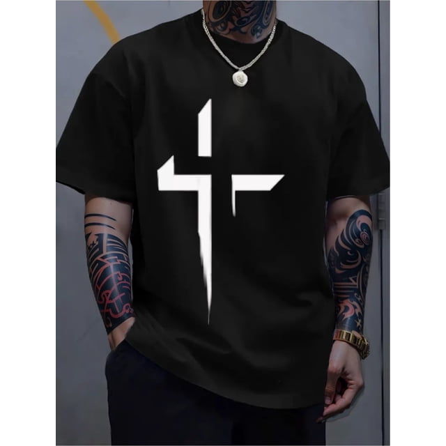 Men'S All-Season Cotton Crew Neck T-Shirt with Graphic Cross Print - Casual Style, Short Sleeve, Regular Fit, Slight Stretch Fabric, 220gsm Cotton Tee for Daily & Weekend Wear