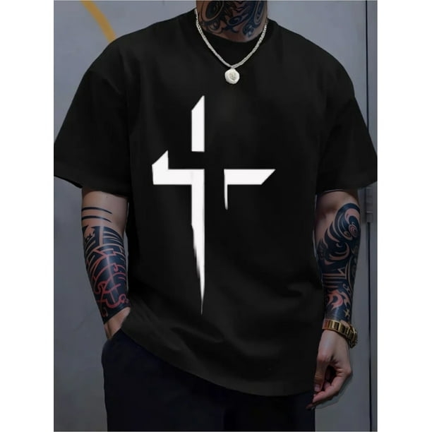 Camiseta de algodón para hombre, cuello redondo y estampado de cruces para todas las estaciones. Estilo casual, manga corta, corte regular, tejido ligeramente elástico, 220 g/m². Ideal para uso diario