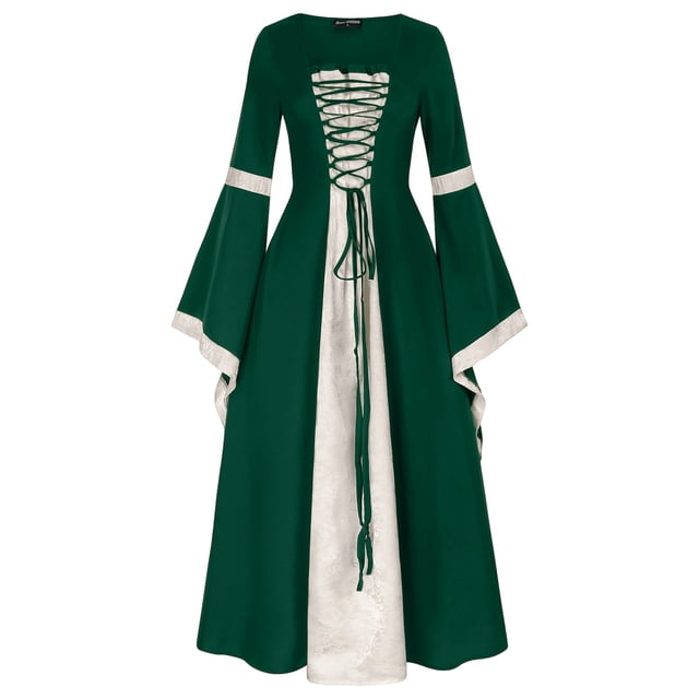 Huanglei Robe Femme Style Rétro Manches Trompette Longue Robe Vintage Longueur Médiévale Robe Gothique Femme
