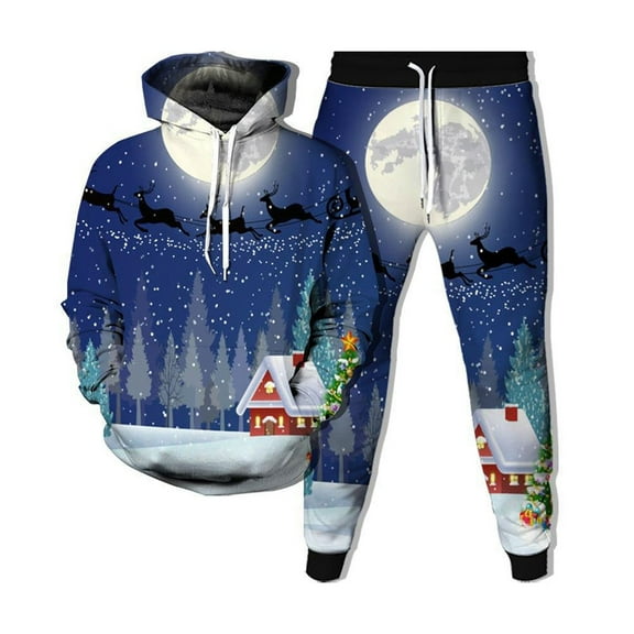 Men's Casual Outfit Christmas Print Pullover Long Sleeve Hooded Sweatshirt Hoodie Comfort Sport Pants Male Sweatshirt Set