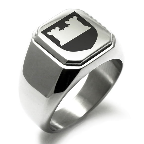 Stainless Steel Castle Protection Coat of Arms Shield Engraved Square Flat Top Biker Style Polished Signet Ring