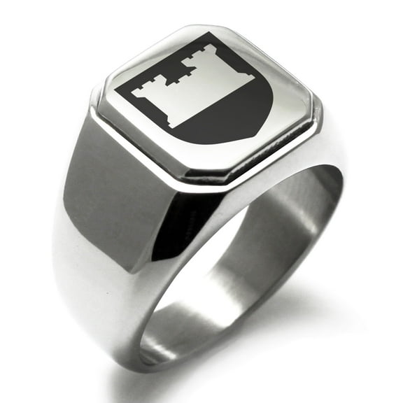 Stainless Steel Castle Protection Coat of Arms Shield Engraved Square Flat Top Biker Style Polished Signet Ring