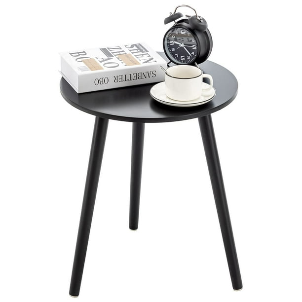 Mesa auxiliar Apicizon redonda negra con patas de madera negra 42 cm x 52 cm