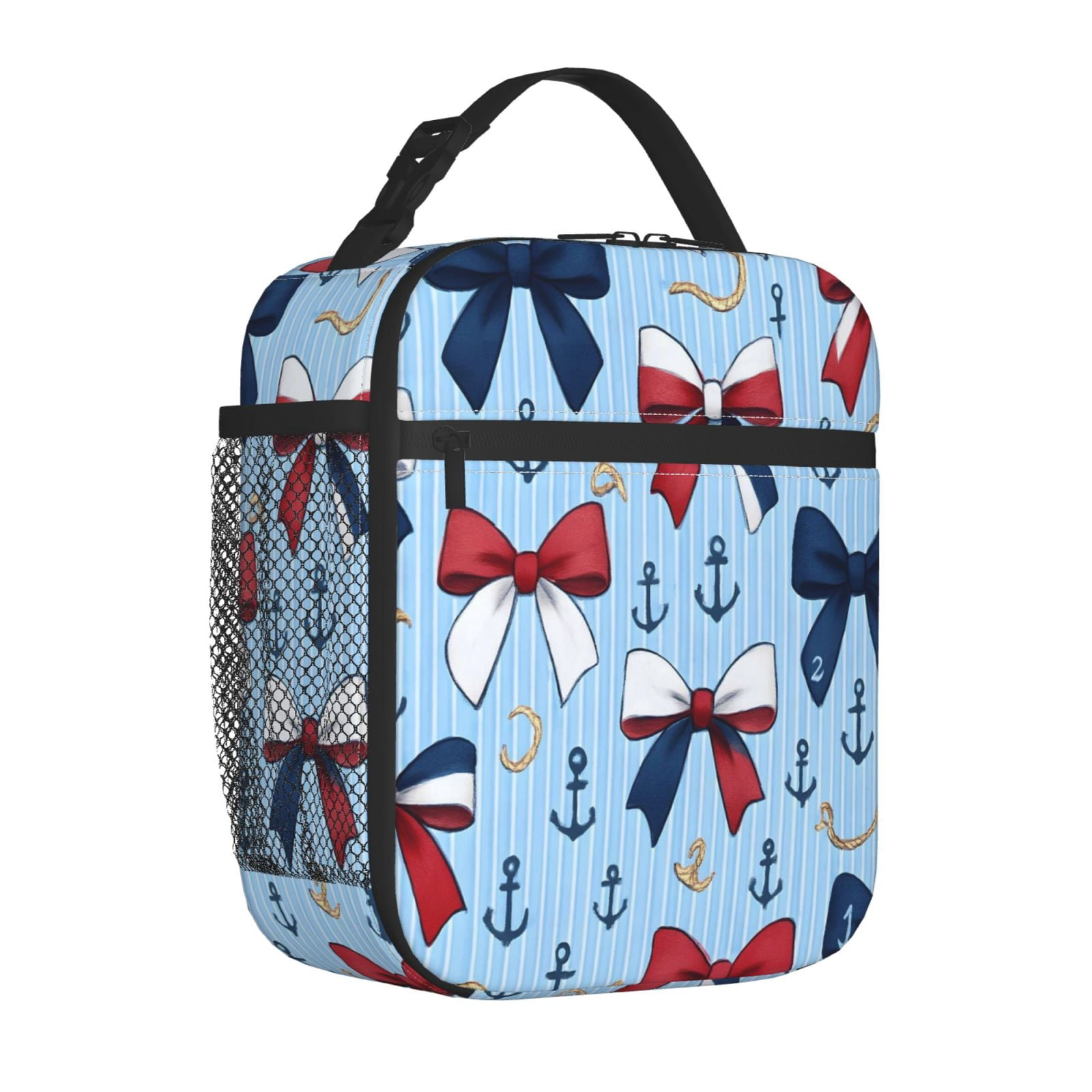 Lunch Bag For Women Men Insulated Portable Lunch Box Bento Box Office Picnic Travel Cooler Bag Nautical Theme Ribbon Bow Pattern