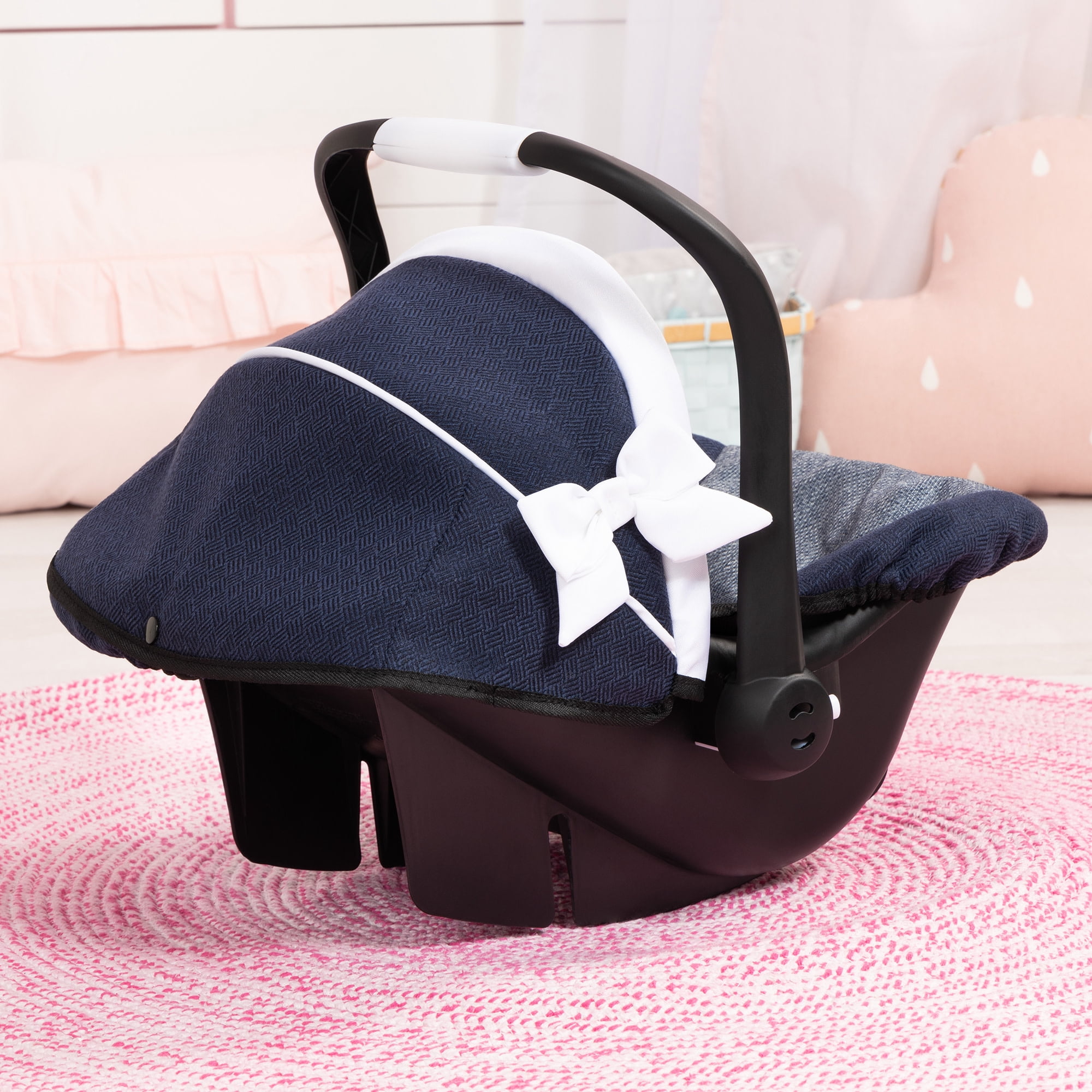 Bayer Design: Doll Deluxe Car Seat - Navy Blue & White - Portable Travel Carrier For Dolls Up To 18", Sunshade & Carry Handle, Use As Rocker, Kid 3+