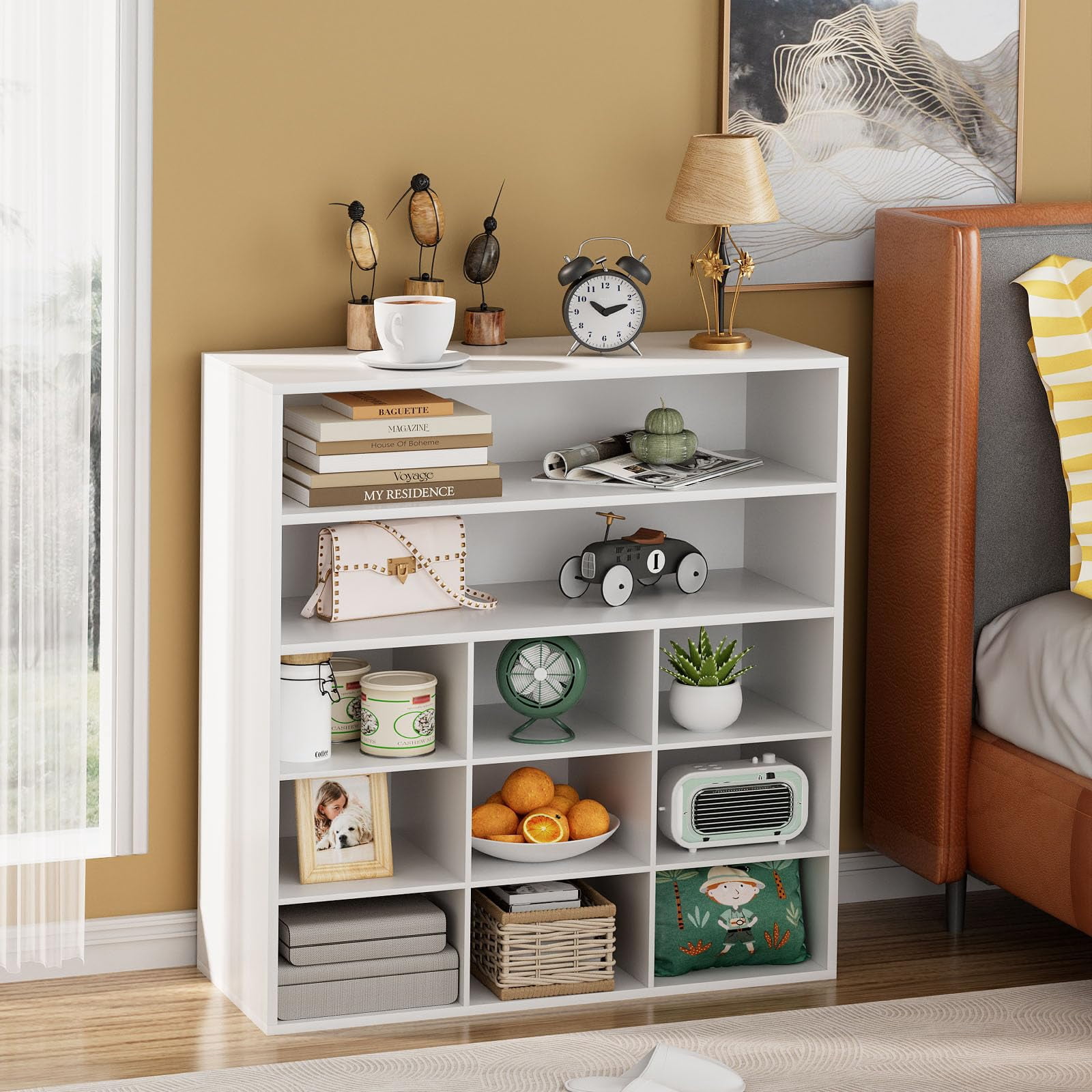 hoe Rack Organizer, 5-Tier Wood Cubby Shoe Rack with 2 Storage Shelf and 9 Cubbies, Shoe Organizer Cabinet for Entryway, Hallway, Closet and Garage, White