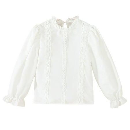 Huanglei Big Girls Lace Collar Blouse With Elastic Cuffs Solid Color Layering Top For Spring Fall Girl s Casual Tees 8-9 Years White