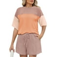 thumbnail image 2 of Fantaslook Color Block Two Piece Sets for Women Texture Crew Neck Short Sleeve Tops and Shorts Outfits Loungewear with Pocket, 2 of 8
