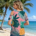 thumbnail image 4 of Women Casual Summer Hawaiian Print Tie Strap Cold Shoulder Round Neck Short Sleeve T Shirt for Daily Wear Vacation Beach Pink 2XL, 4 of 4