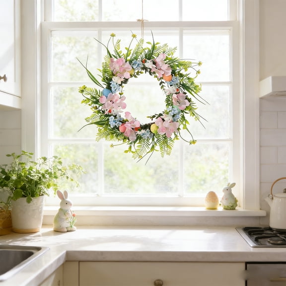 Easter Wreath with Bunny and Egg Decorations for Front Door and Spring Table Centerpiece Featuring Vintage Rustic Style and Colorful Floral Arrangement for Seasonal Festivities