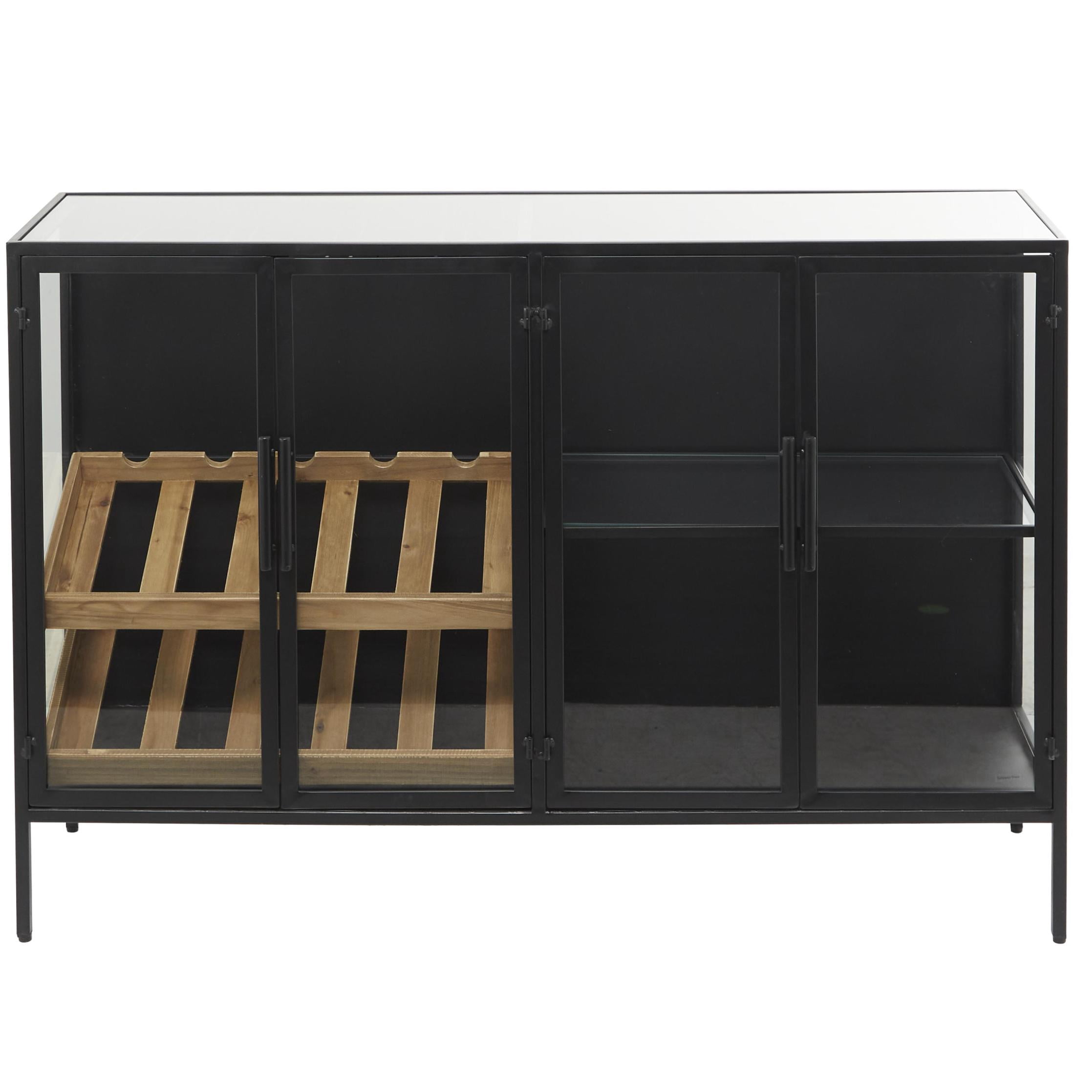 DecMode 47" x 32" Black Metal 10 Bottle Glass Panel Door Standing Wine Rack with Wine Glass Holders and Wood Accents, 1-Piece