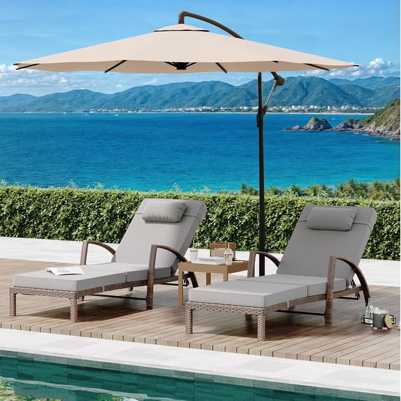2-Piece Rattan Patio Folding Chaise Lounge, 5-Position Adjustable Backrest Outdoor Lounge Chair with Cushion and Pillow for Poolside, Backyard, Deck, Porch, Grey