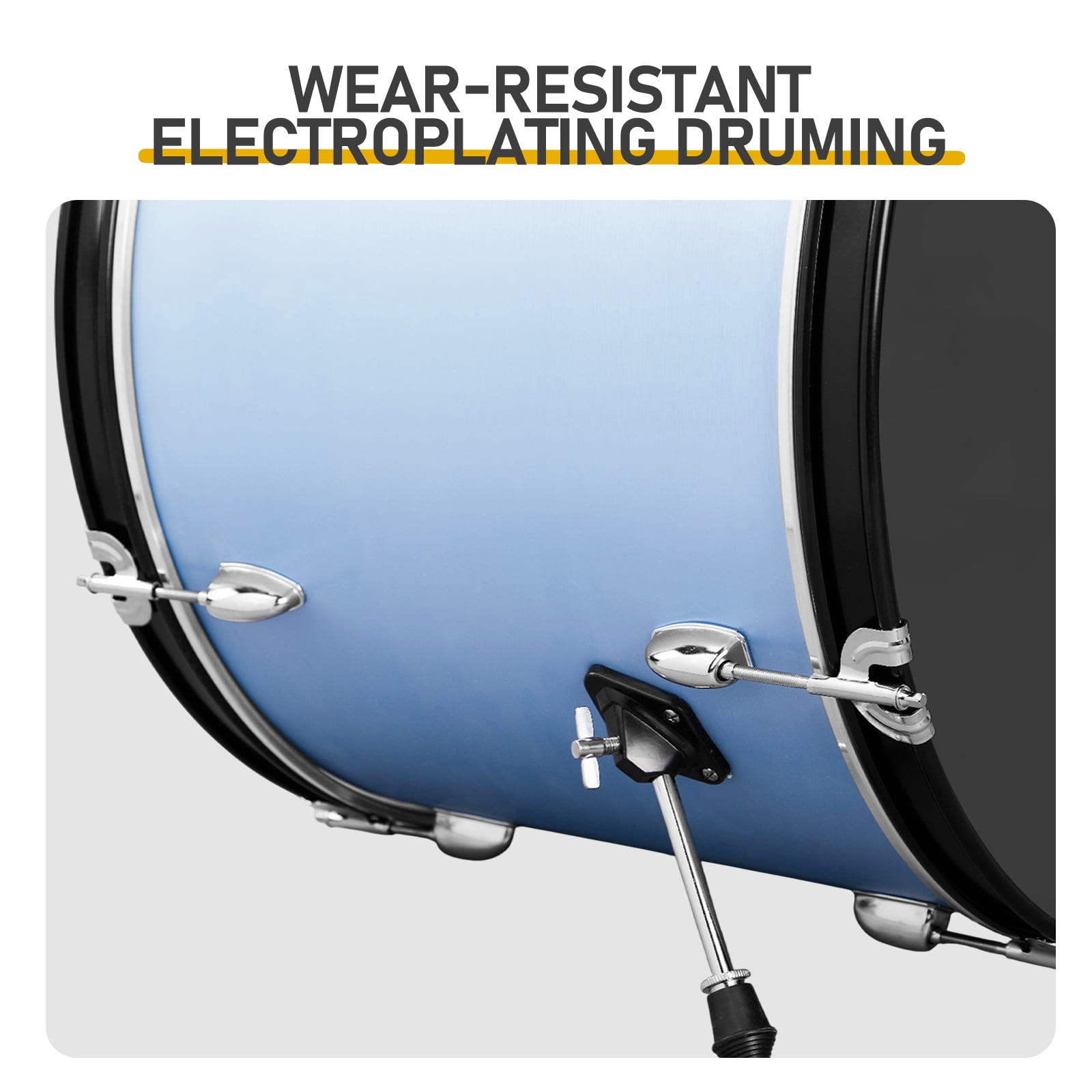 Full Size Adult Drum Set, 5-Piece Blue with Bass Drum, Two Tom Drum, Snare Drum, Floor Tom, 16" Ride Cymbal, 14" Hi-hat Cymbals, Stool, Drum Pedal, Sticks