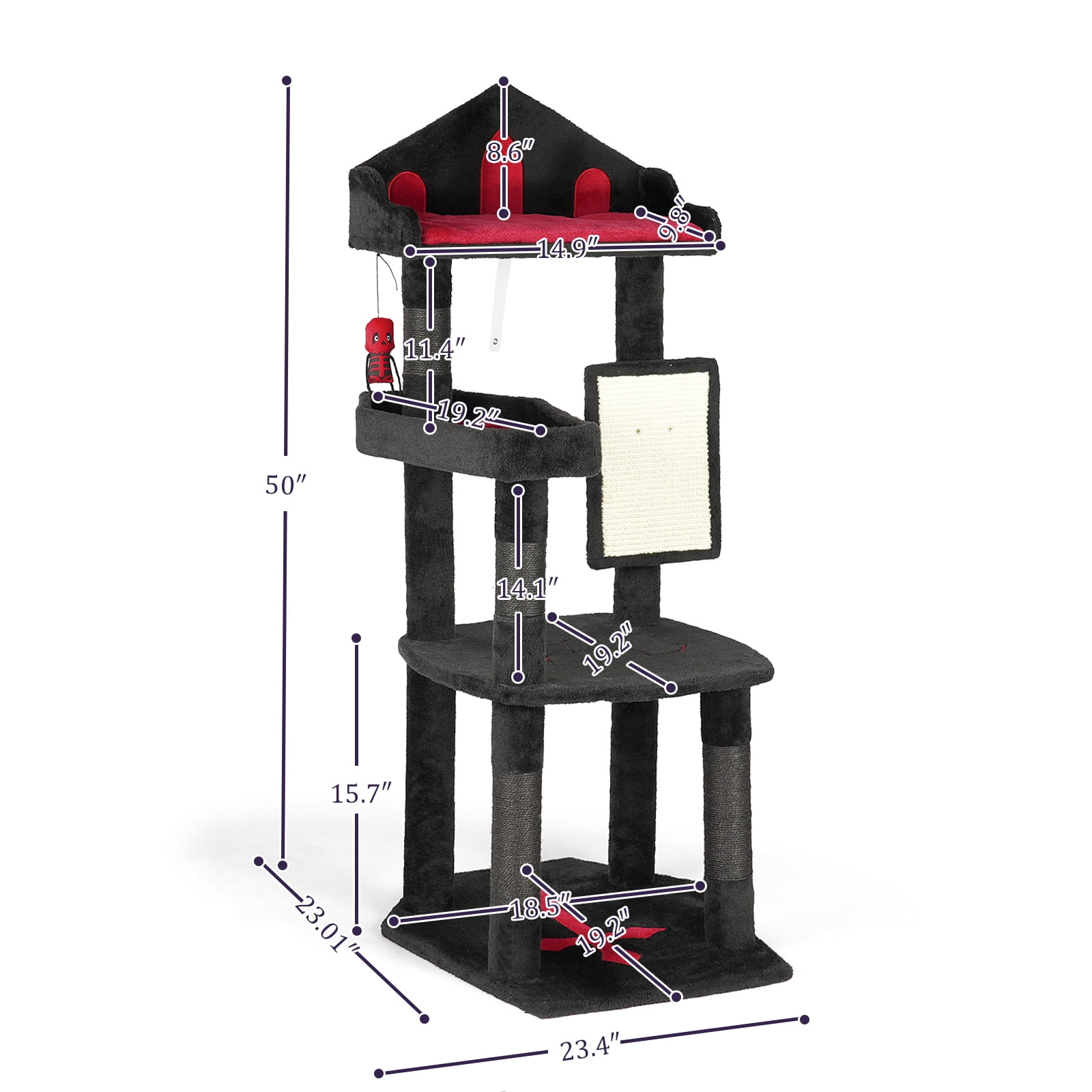 49in Gothic Cat Tree with Royal Throne Bed & Coffin-Shaped Perch, Black-Red Gothic Cat Tower with Scratching Posts & Alien Hanging Toy, Durable Sisal Scratching Posts