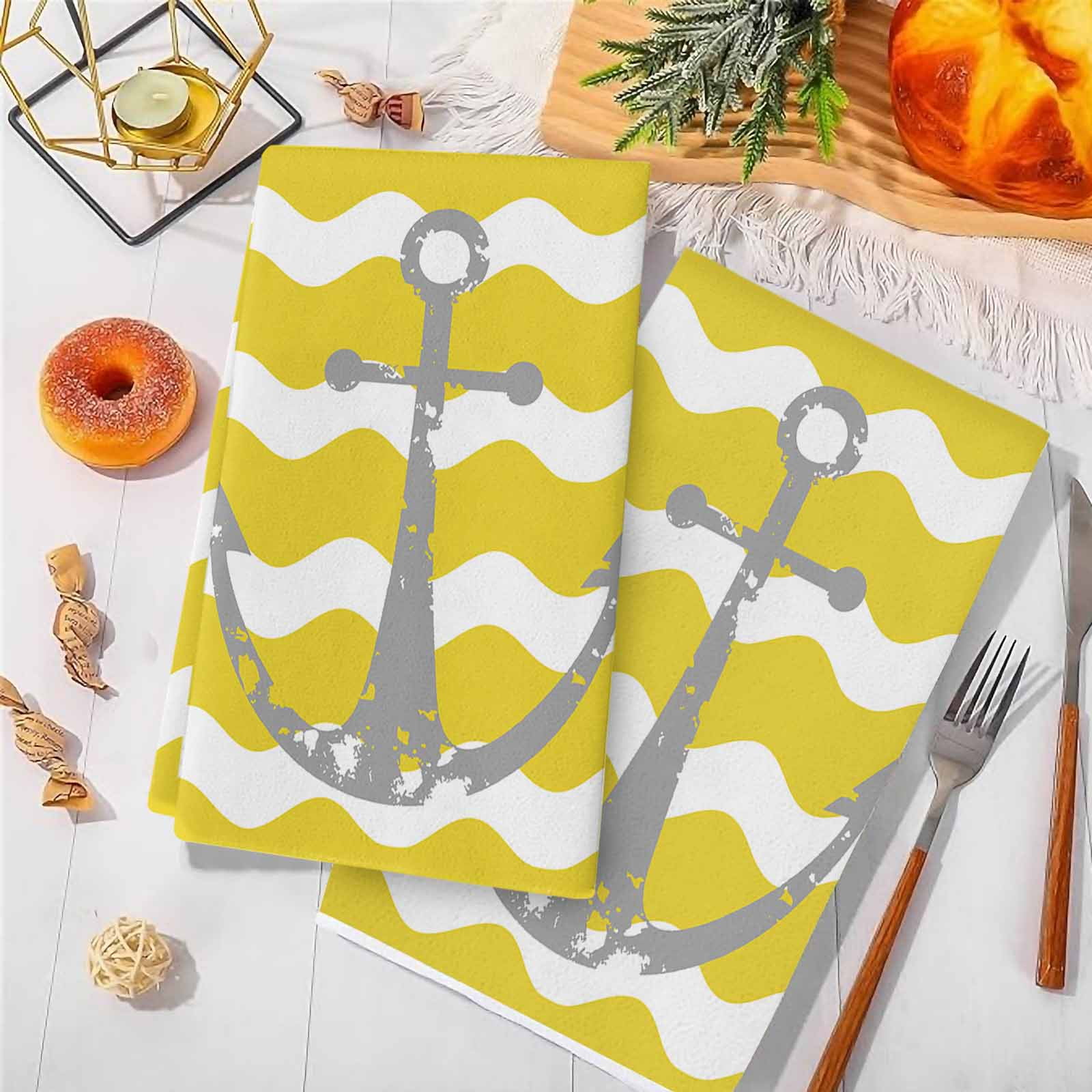 Dish Towels, Nautical Anchor Absorbent Kitchen Towels 2 PCS, Yellow and White Wave Stripes Microfiber Hand Towels Dish Cloths Tea Towels for Home&nbsp;Bathroom Cleaning Drying,18X28-Inch,