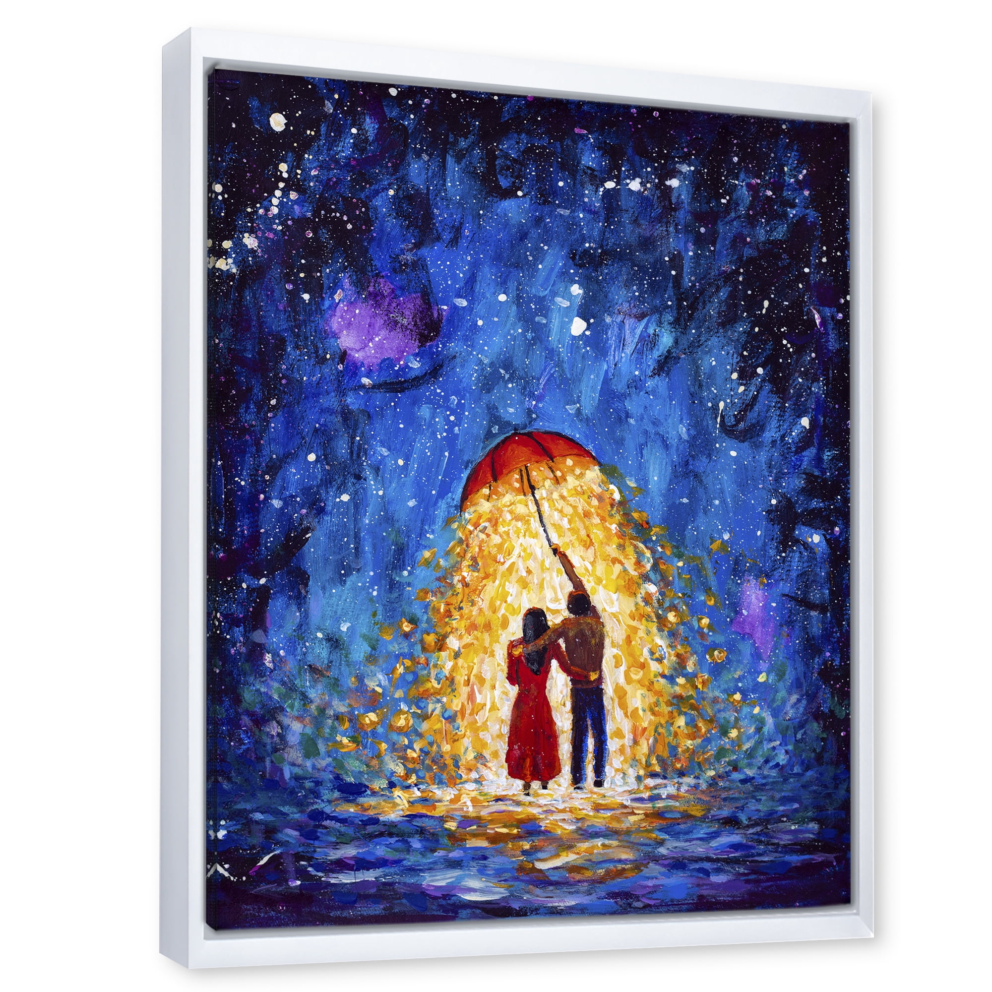 Abstract Couple In Love Walks Under Glowing Umbrella 24 in x 32 in Framed Painting Canvas Art Print, by Designart