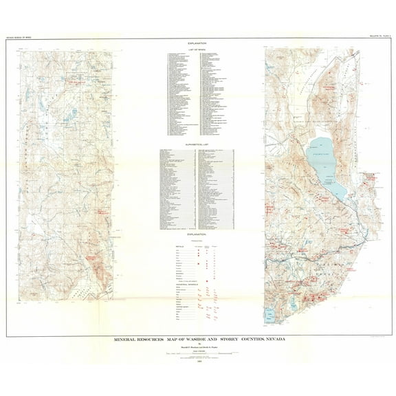 Historic Mine Map - Nevada Washoe Storey Counties Mineral Mines - Bonham 1969 - 27.27 x 23 - Vintage Wall Art