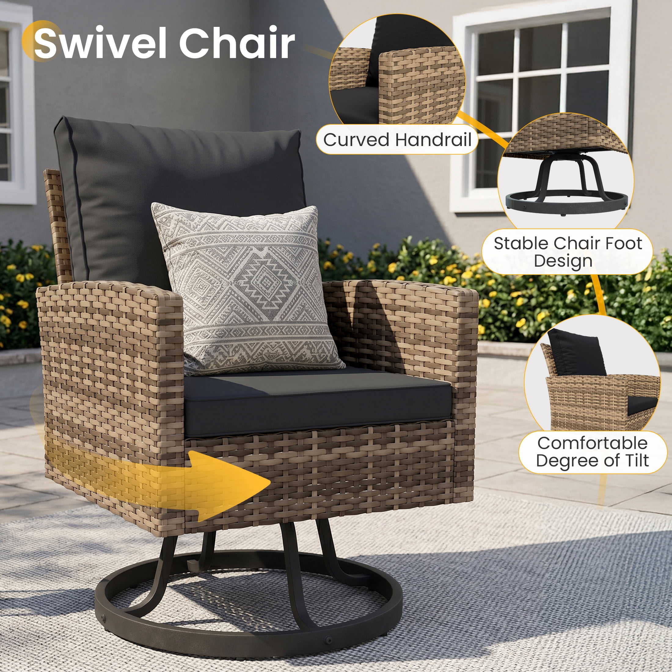 TECHMILLY 6 Pieces Outdoor Conversation Set, All-Weather Wicker Rattan Outdoor Sectional Sofa Set with Ottoman and Swivel Chairs for Poolside, Backyard，Yellow Brown Wicker Black Cushions