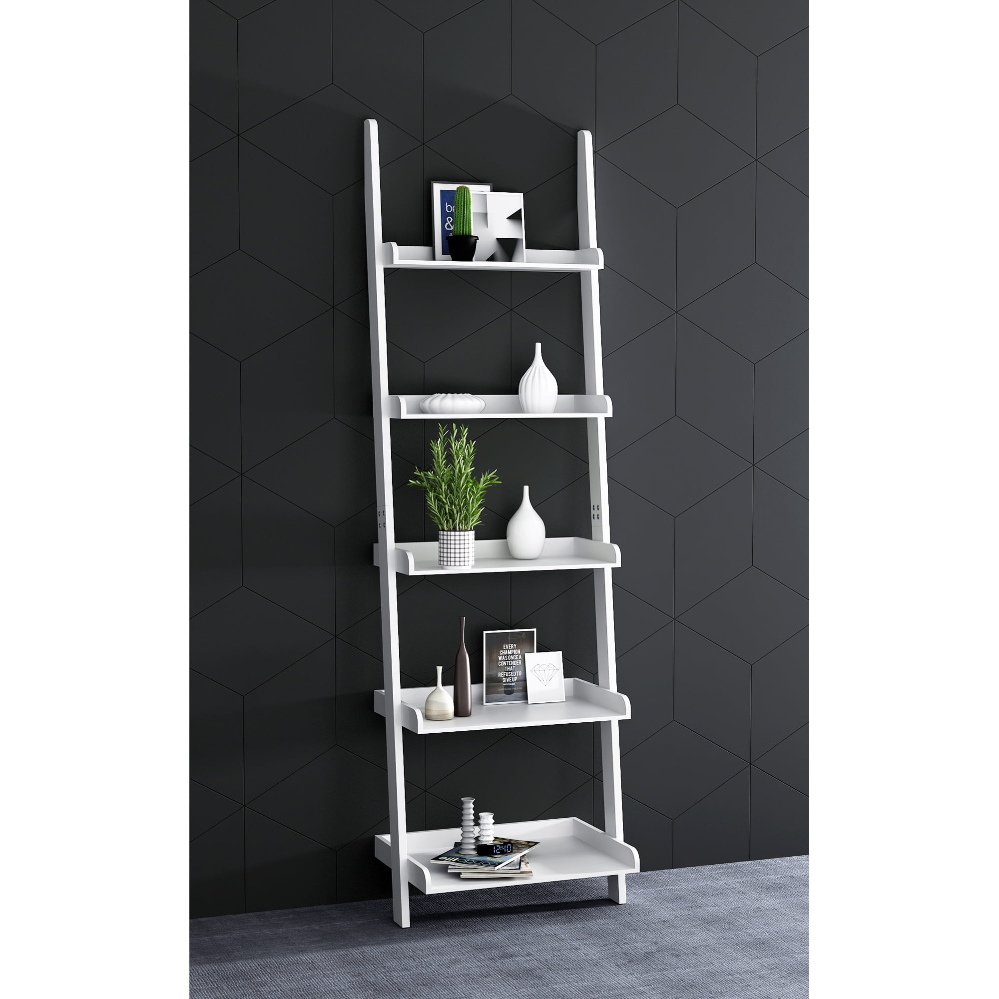 eHemco 5 Tier Ladder Leaning Wall Bookcase, Storage Bookshelf, 70 Inches, White