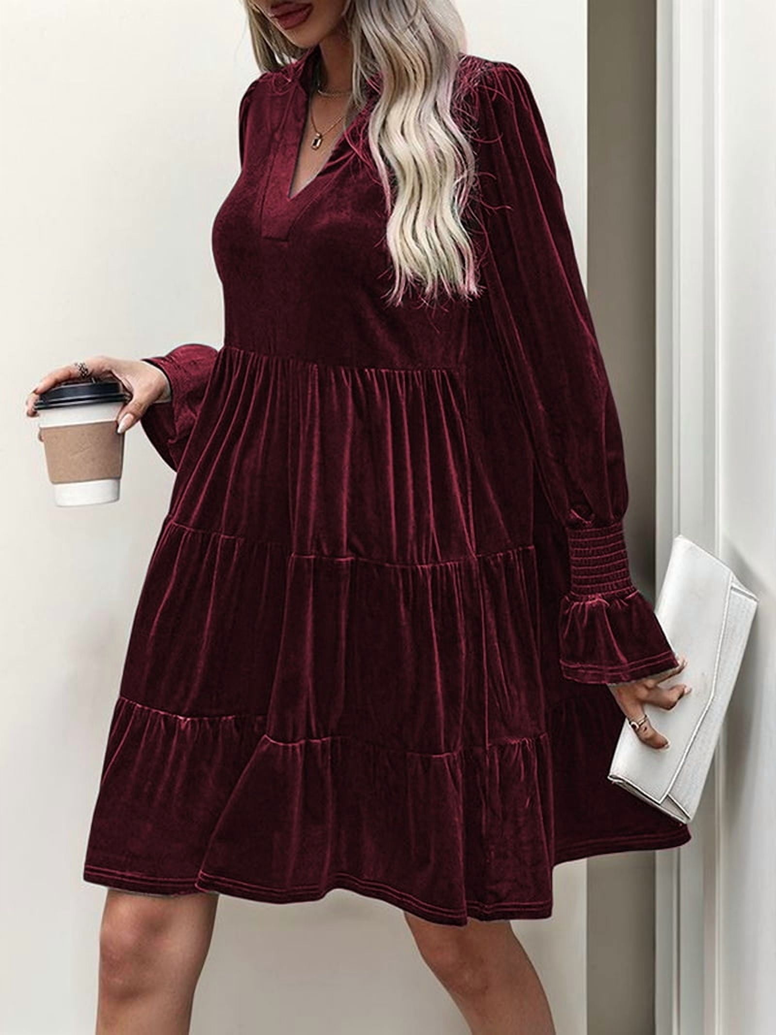Women'S Elegant Velvet Long Sleeve Dress Casual Fall V Neck A Line Babydoll Flowy Formal Wedding Party Mini Dress Wine Red S