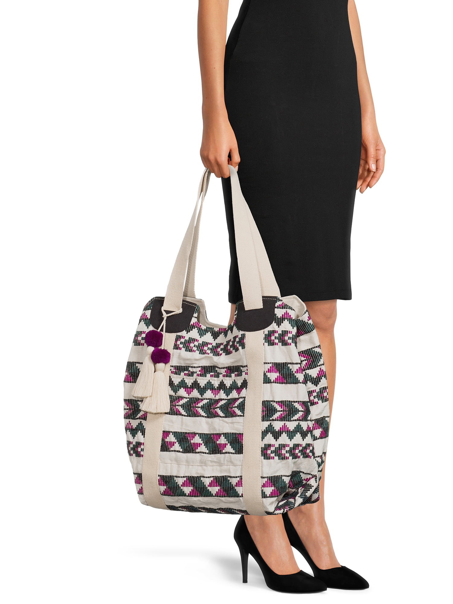 No Boundaries Women's Woven Beach Tote Handbag, Purple