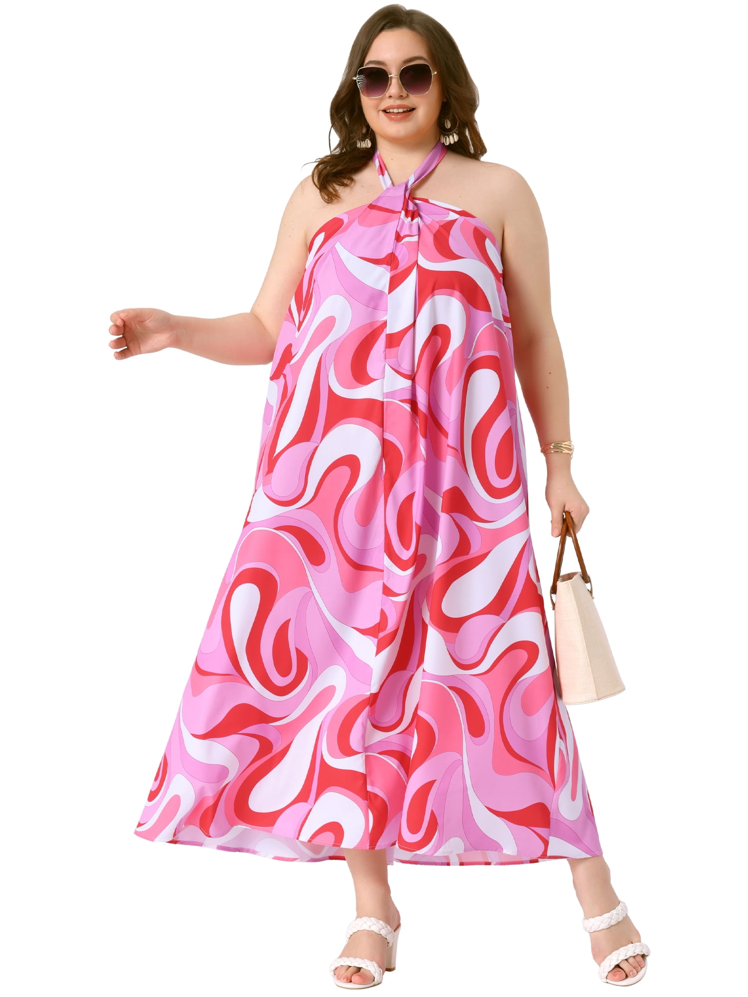 DARING DIVA Plus Size Long Maxi Halter Sleeveless Boho Dress 3X Red Pink