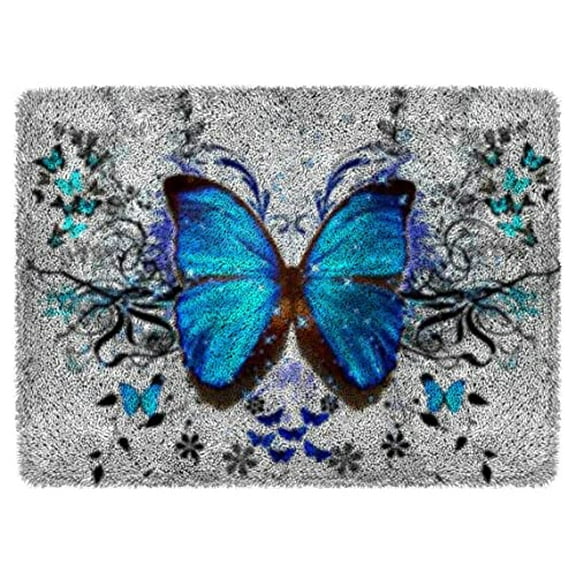 Latch Hook Rug Kit for Adults Blue Butterfly DIY Carpet Cushion with Printed Canvas Crochet Yarn Craft Hook and Latch Tapestry for Home Decoration Pets Warm Pads 52x38cm