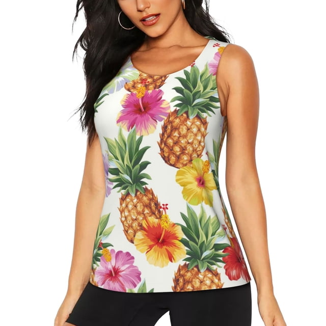 Fotbe Hawaiian Pineappl Blusas Sin Mangas para Mujer – Estilo Casual, Corte Suelto, Slim-Fit, Cuello Redondo Deportivo, Tops de Verano para Gimnasio y Yoga-Large