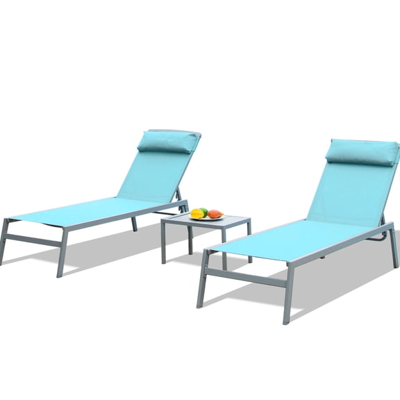 Lake Blue Patio Chaise Lounge - 3 Pieces Aluminum Adjustable Sun Chairs With And (2 Lounging   1 Table Fabric For Lawn Relaxation