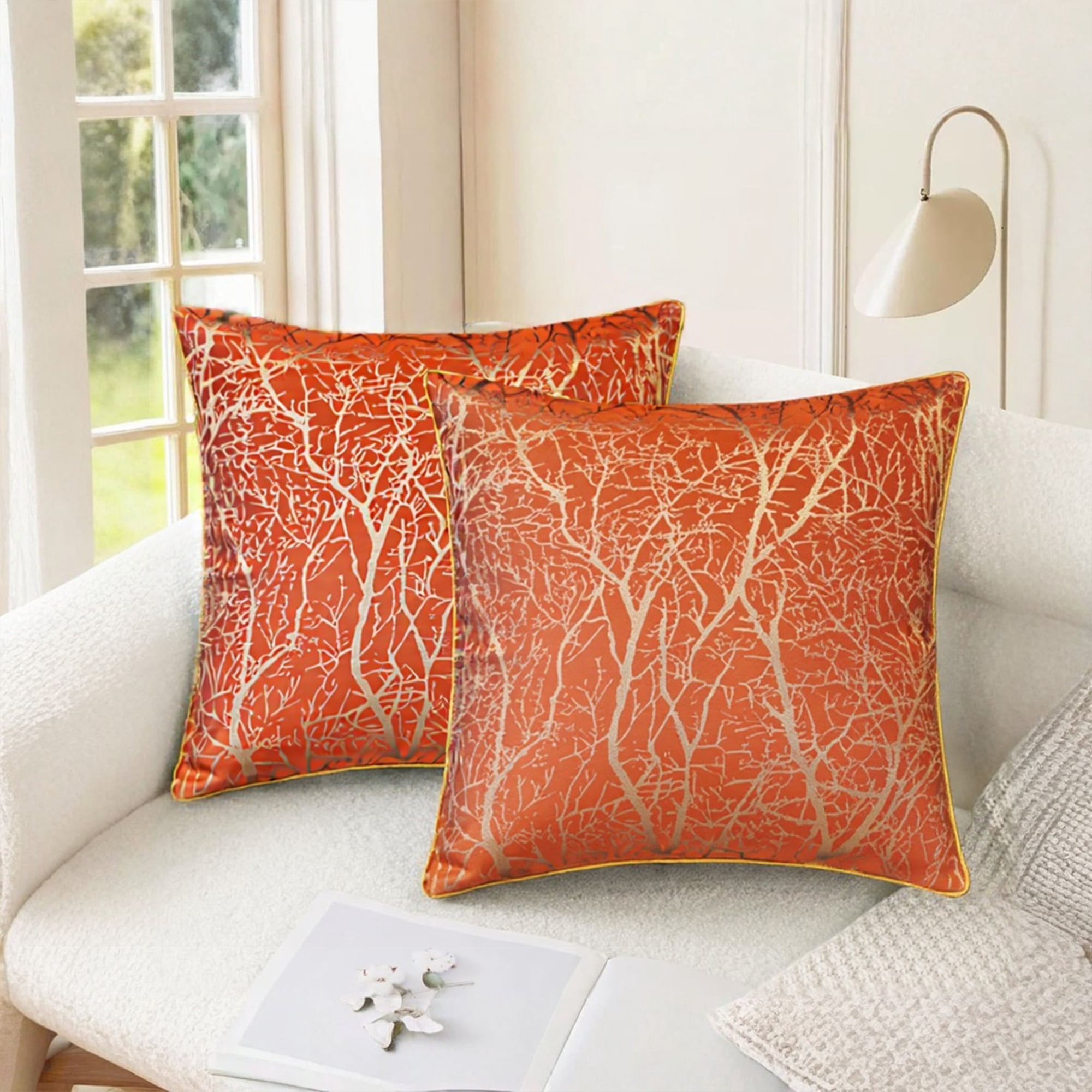 Unique Bargains Set of 2 Floral Leaf Botanical Pattern Decoration Orange 18" x 18"