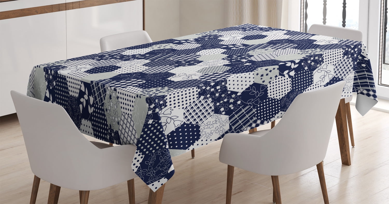 Navy Blue Decor Tablecloth, Octagon Patchwork Style Pattern Image with Dots Stars Squares
