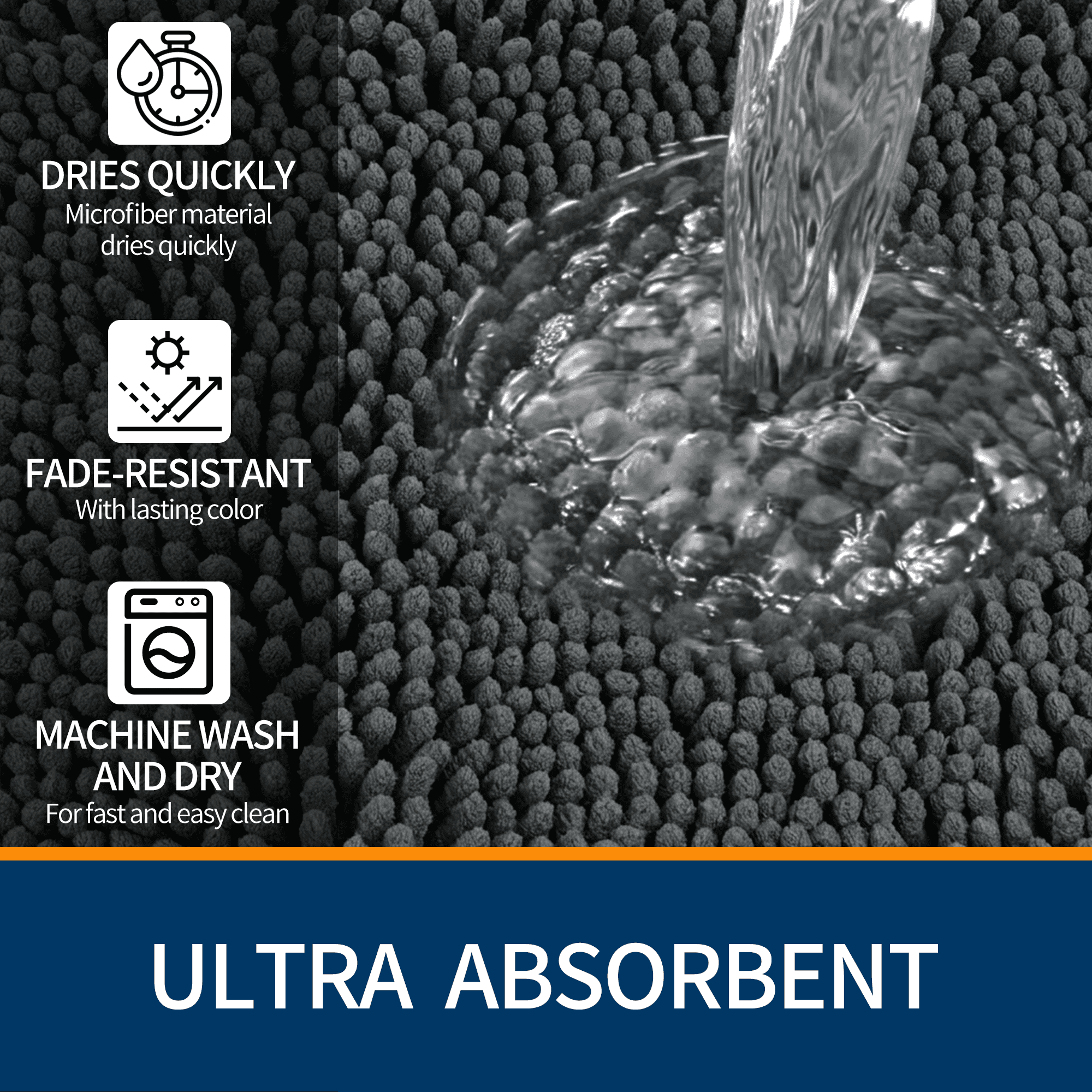 Wozola Chenille Bathroom Rug, Dark Gray Ultra Soft Absorbent Bath Mat, Non-Slip Machine Washable Shower Floor Rug for Bathroom, Tub & Entryway, 20"x32"