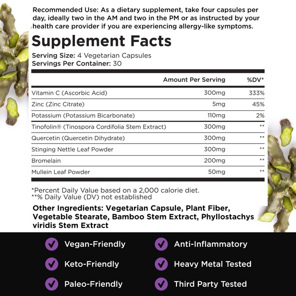 Livingood Daily Allergen Support, Natural Allergy Supplement with Vitamin C, Quercetin, Nettle Leaf, Zinc, Bromelain & Tinospora, Non GMO, Vegan, Immune Support Formula, 120 Vegetarian Capsules