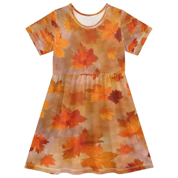 Girls Short Sleeve A-Line Dress Orange and Brown Autumn Leaves Play Dress Sizes 2T