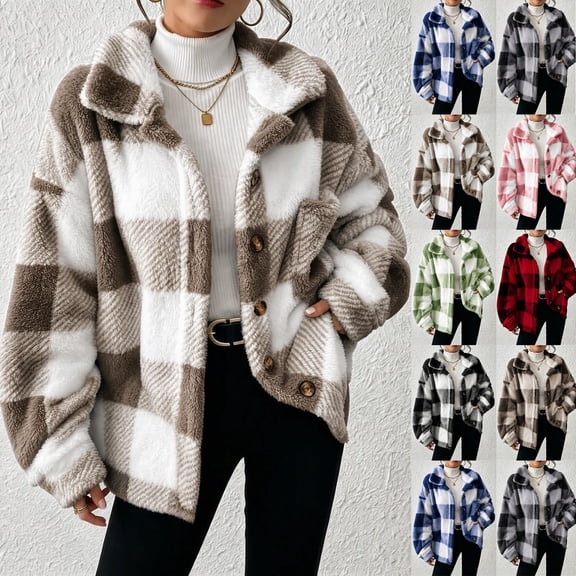 Eiyaclvo Fuzzy Plaid Jacket for Women Thick Warm Winter Coat Button Down Long Sleeve Collar Fleece Jackets Flannel Shackets with Pocket