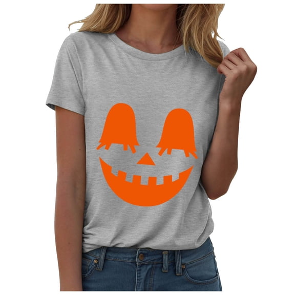 Akiihool Halloween Tshirt Ghost Halloween T-Shirt for Women Cute Ghost Cat Graphic Tee Spooky Season Shirt Vintage Short Sleeve Casual Fall Tops Grey,L