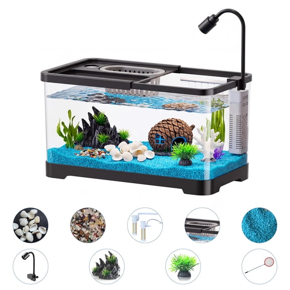 QinaQin 4.5 Gallon Aquarium Starter Kit with LED Light & Filter – 9-Piece Complete Fish Tank Set for Betta, Goldfish & Shrimp – Medium, Black