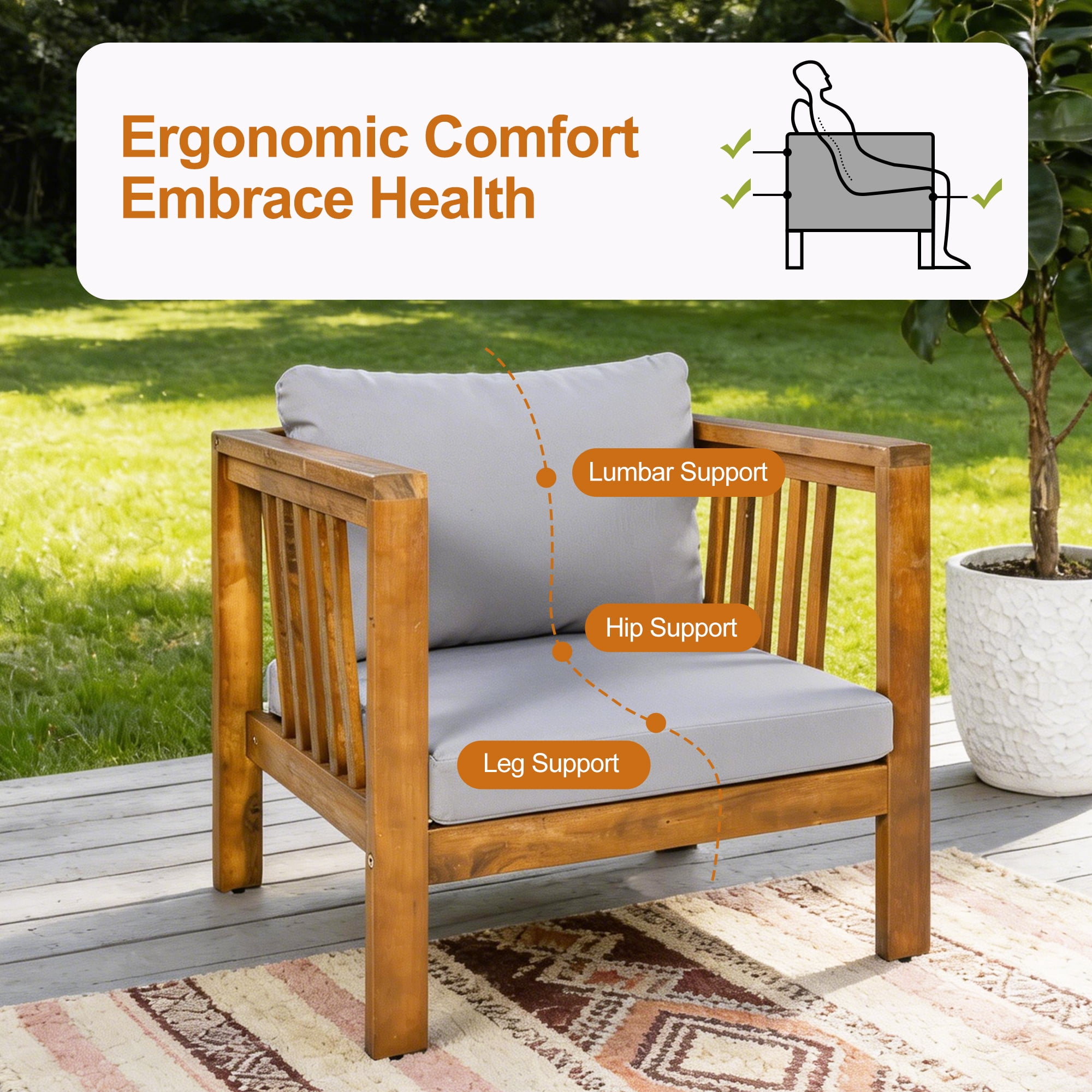 Mintazer Outdoor Club Chairs Set of 2, Patio Armchairs with Cushions & Adjustable Leveling Feet for Patio, Garden, Balcony & Backyard, Natural & Grey