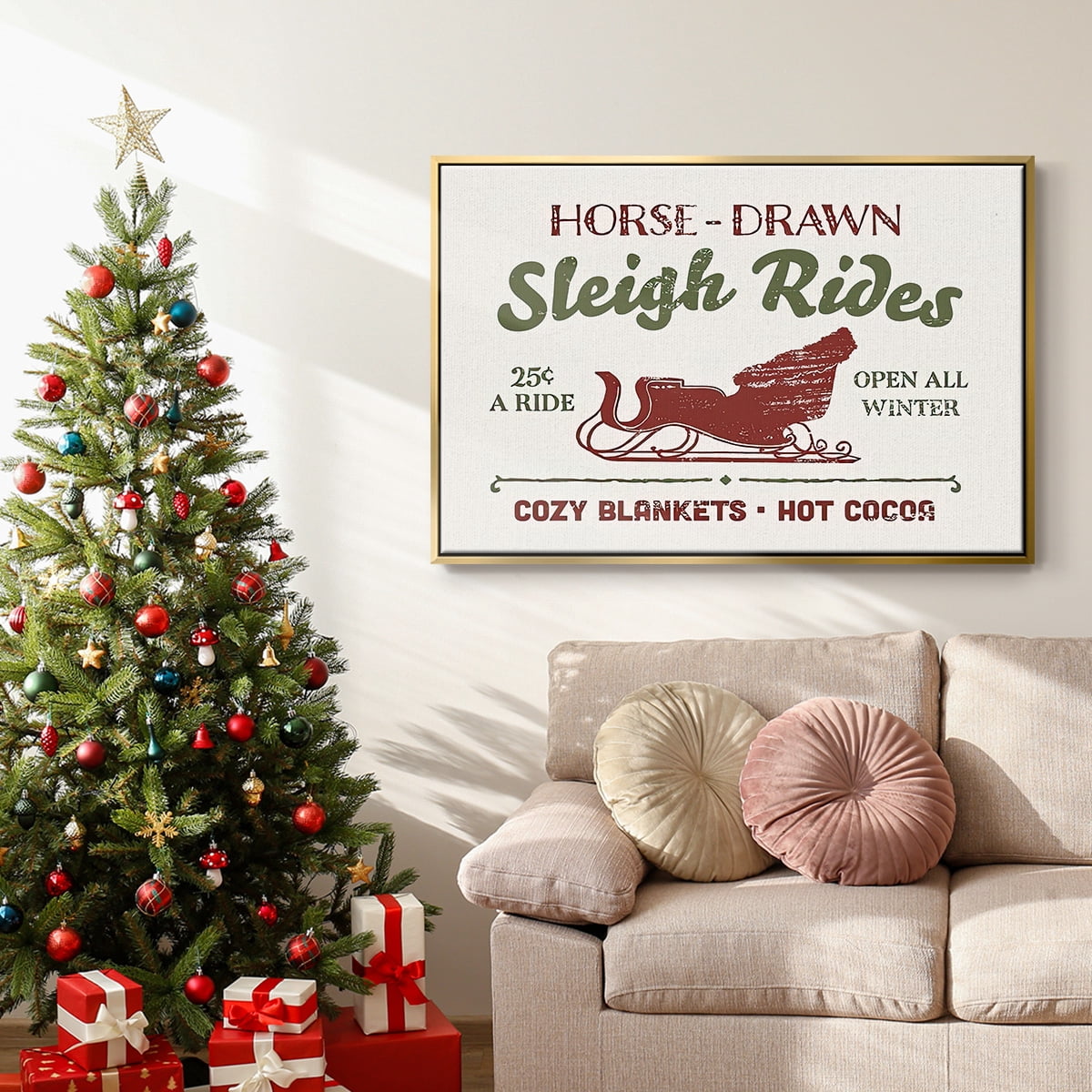 Christmas Farm Sign III - Framed Gallery Wrapped Holiday Canvas - 17 x 25 - Gold Frame