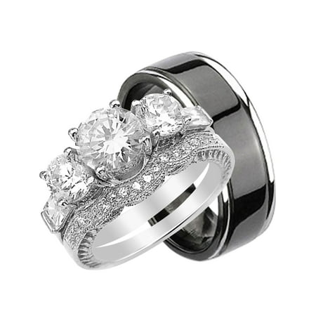 His and Hers 3 Piece Trio Sterling Silver Black Titanium Wedding Band Engagement Ring (Best Engagement Ring Websites)