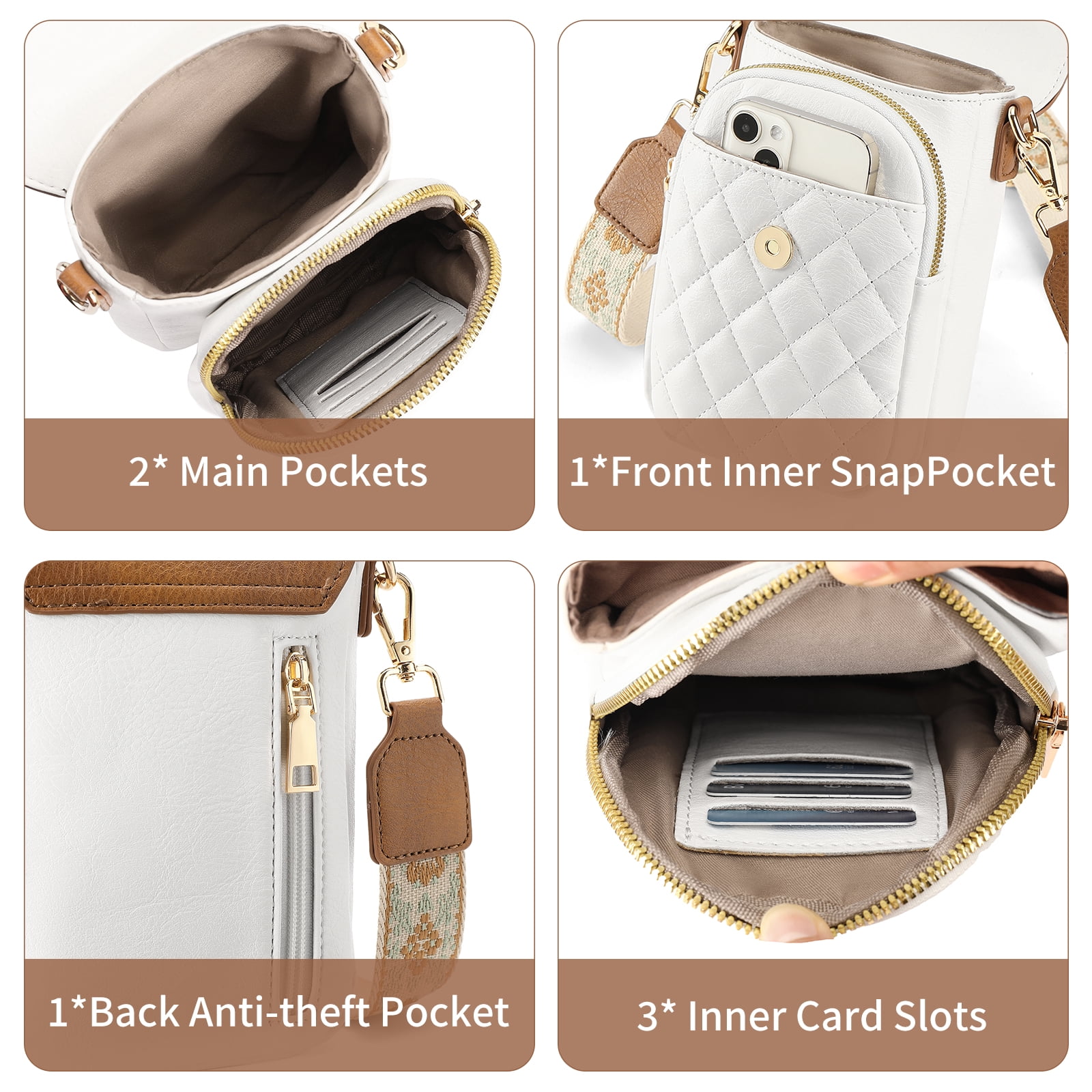KALUNMA Crossbody Bags for Women Trendy Leather Triple Compartment Cell Phone Shoulder Wallet Purses with Card Slots