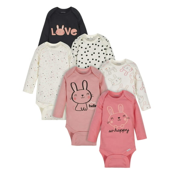 Onesies Brand Baby Girls 6-Pack Long Sleeve Bodysuits, Bunny Pink, 0-3 Months