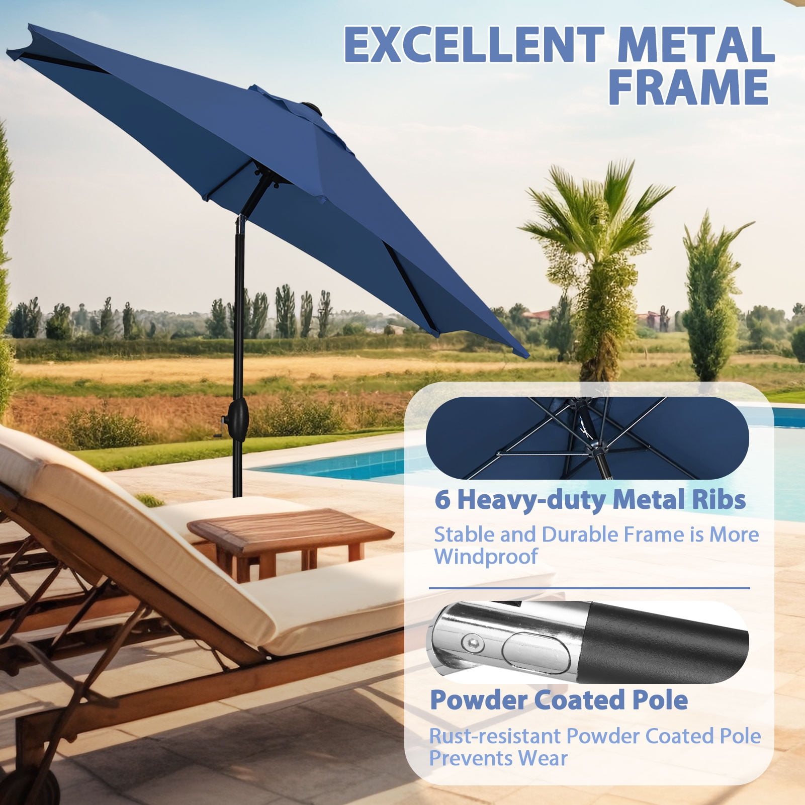 Autlaycil 9ft Outdoor Patio Umbrellas 6 Ribs with Tilt and Crank Patio Table Umbrella, for Patio Garden and Poolside, Navy Blue