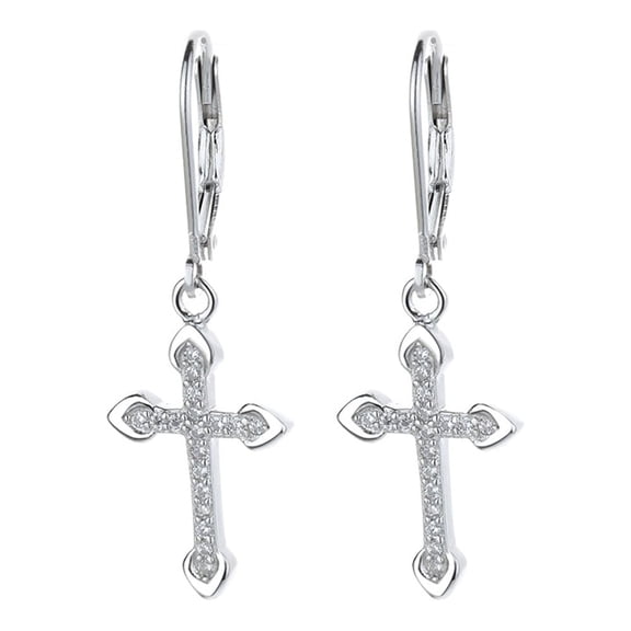 Amy and Annette 18K White Gold  Leverback Cross Earrings with crystals  in 18K White Gold Plated