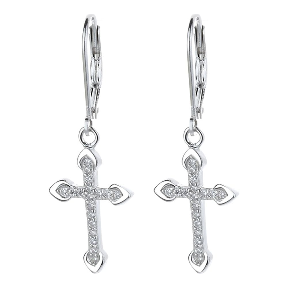 Amy and Annette 18K White Gold Leverback Cross Earrings with crystals in 18K White Gold Plated